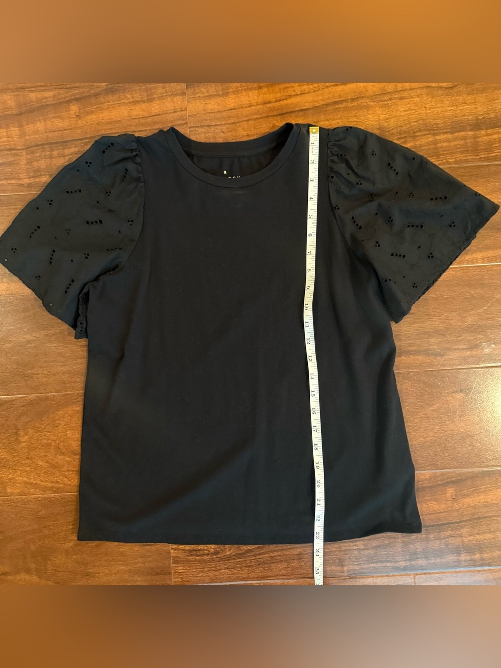 Eyelet sleeve mixed media top
